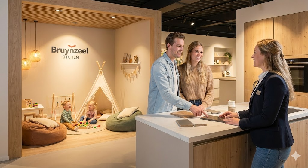 Klanten kunnen in alle rust naar diverse keukens kijken door de kinderspeelhoek.